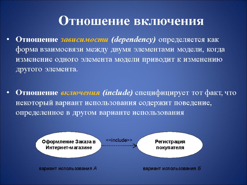 Отношение включения  Отношение зависимости (dependency) определяется как форма взаимосвязи между двумя элементами модели,